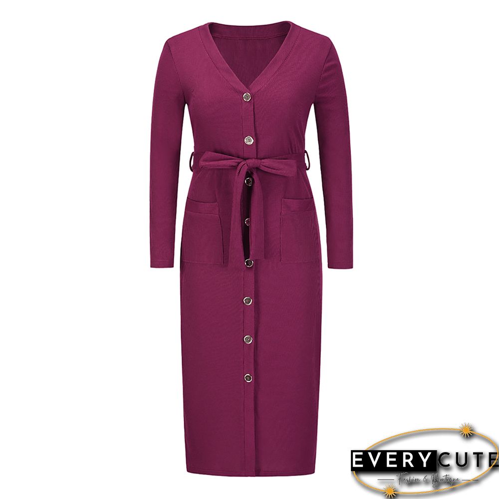 Purple Red Rib Button Tie Waist Midi Dress with Pocket