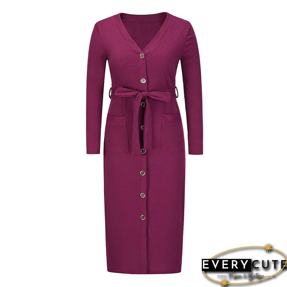 Purple Red Rib Button Tie Waist Midi Dress with Pocket