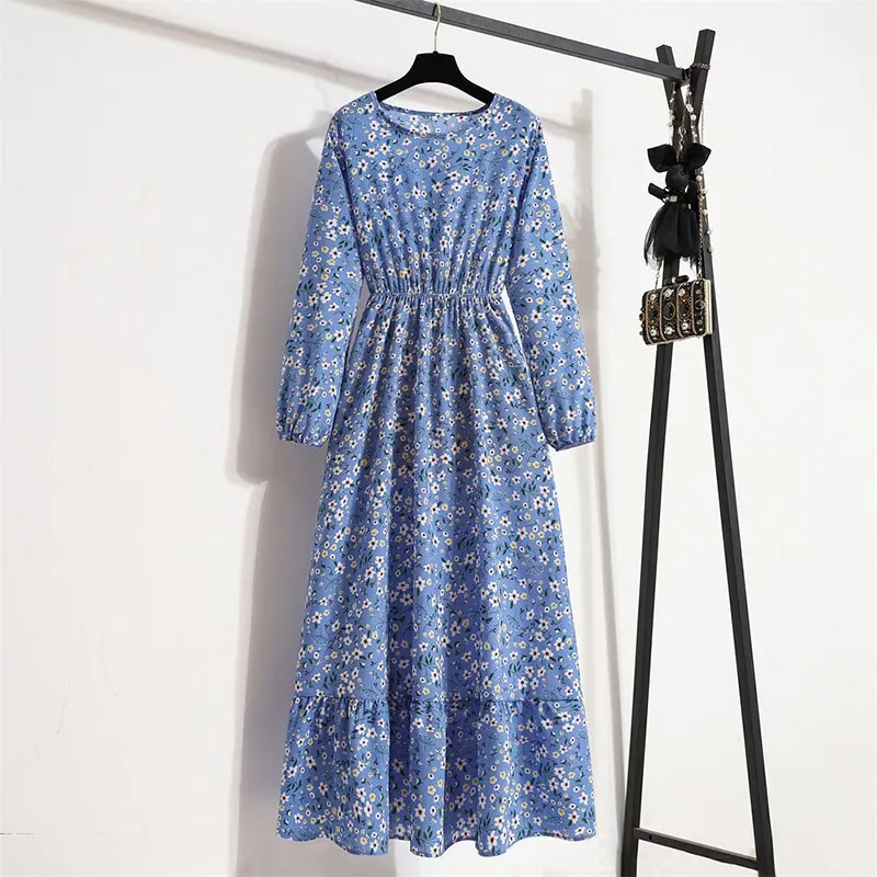 Floral Print Long Dress Women Lantern Long Sleeve High Waist Elegant Party Dress Ladies Casual Spring Summer Beach Maxi Dress