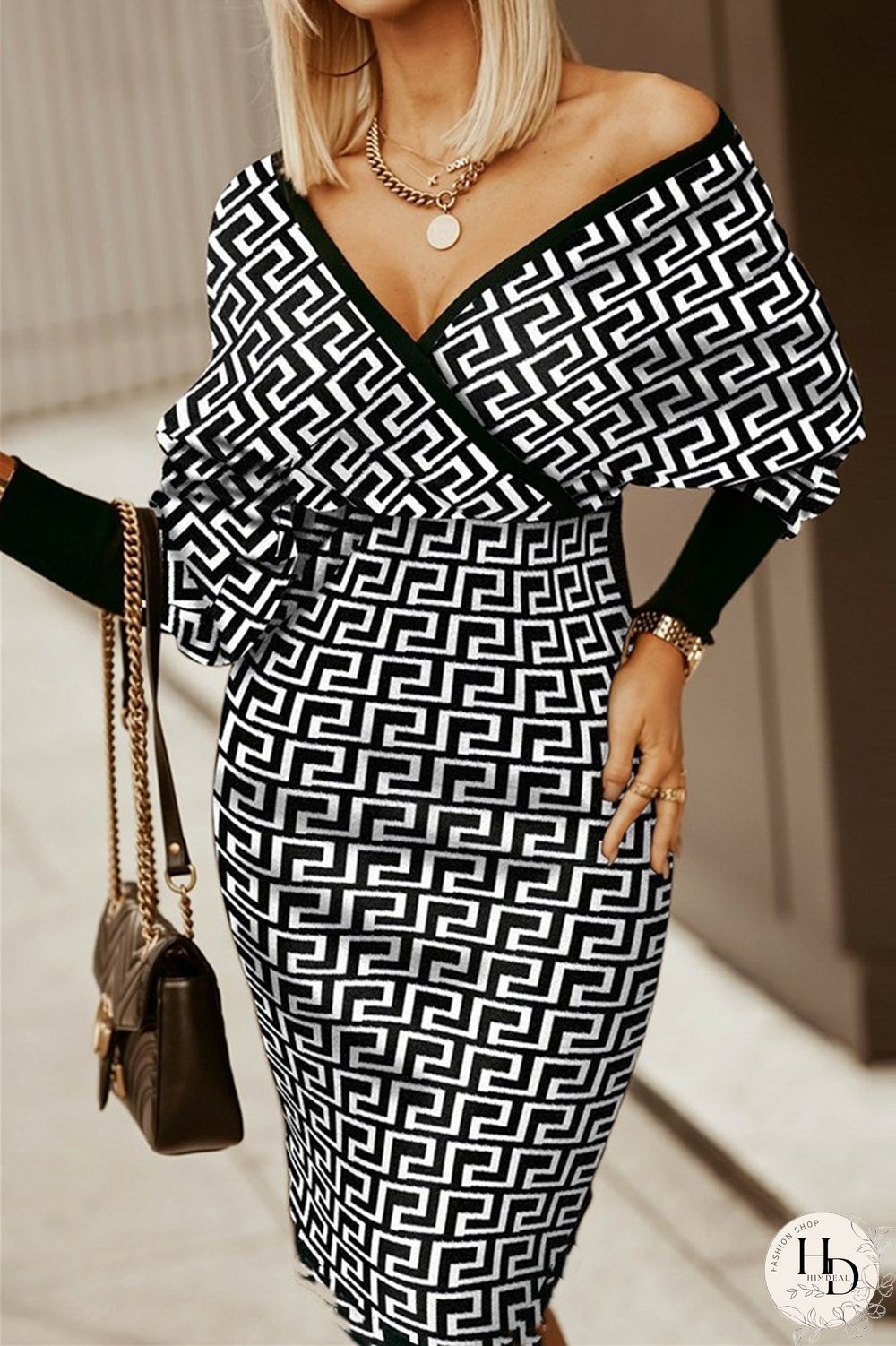 Black khaki Fashion Casual Print Patchwork V Neck Long Sleeve Dresses