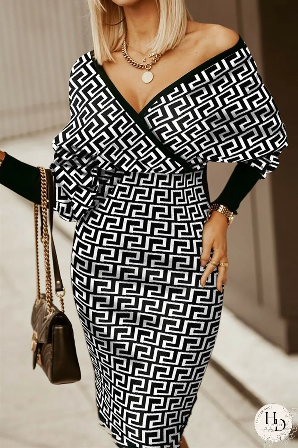 Black khaki Fashion Casual Print Patchwork V Neck Long Sleeve Dresses