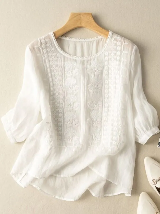 Women's Embroidered Cotton And Linen Lace Patchwork Shirt