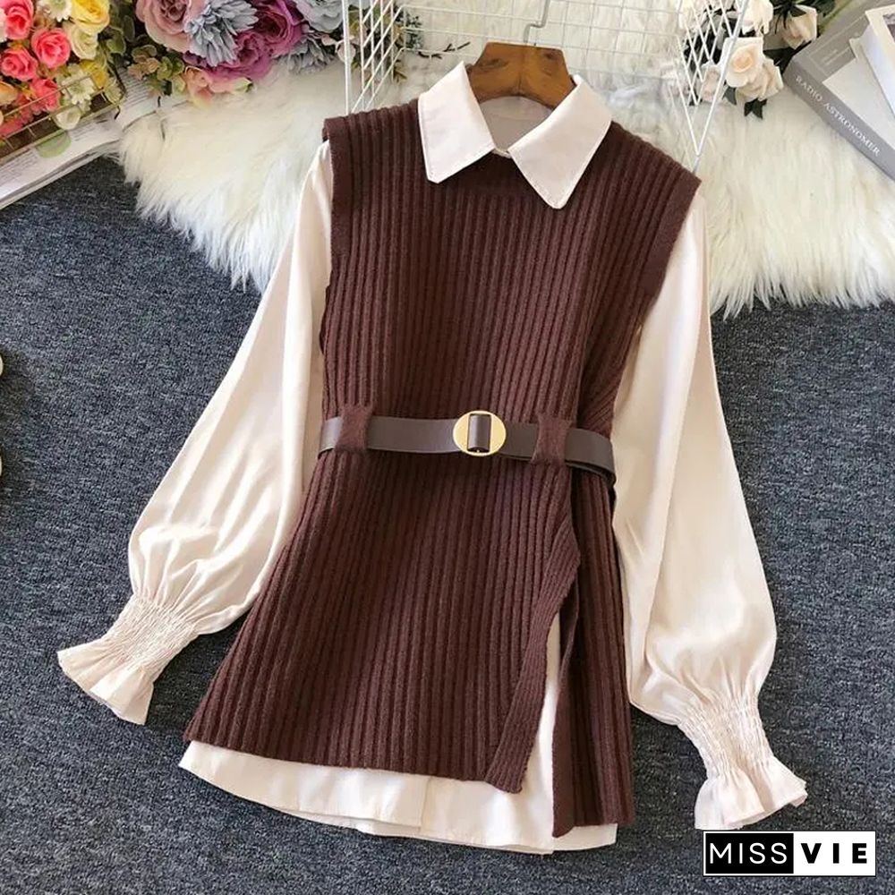 Autumn Fashion Design Shirt And Knitted Vest Women Two Piece Set Solid Black Tanks Casual Loose Coffee O Neck Tanks New