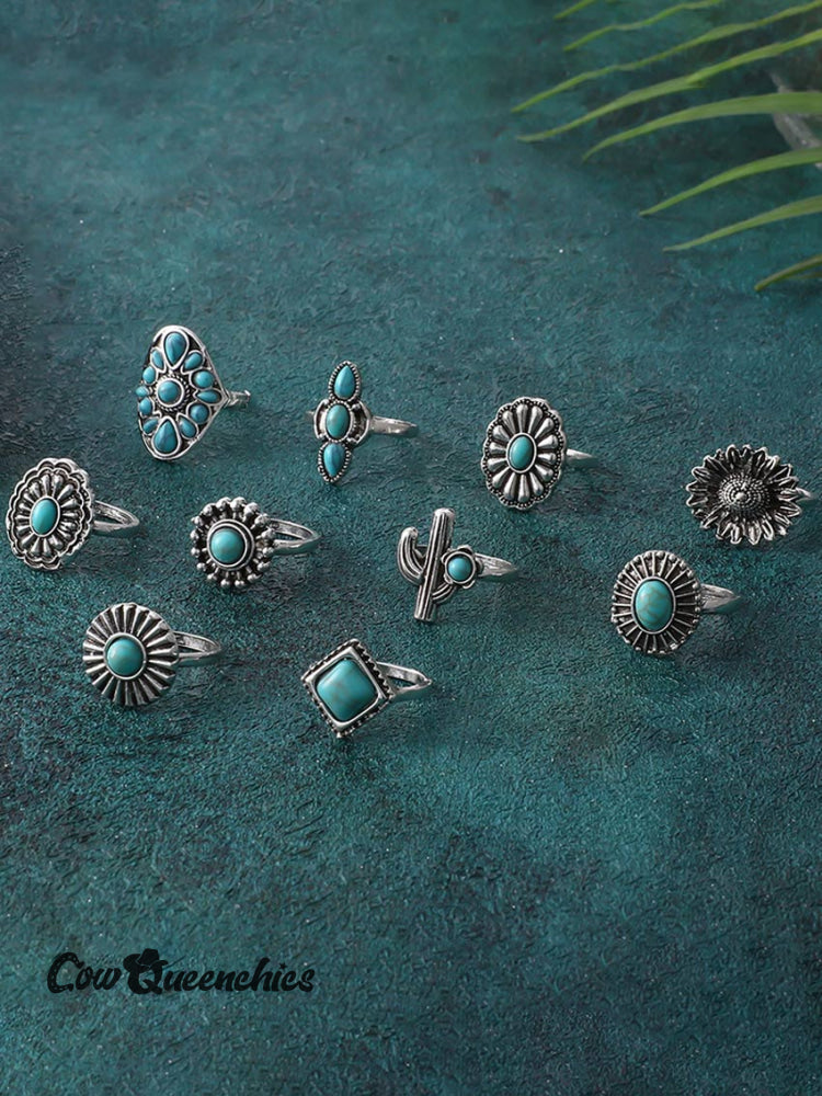 Western Denim Turquoise Ring 10-piece Set Ten / One-Size