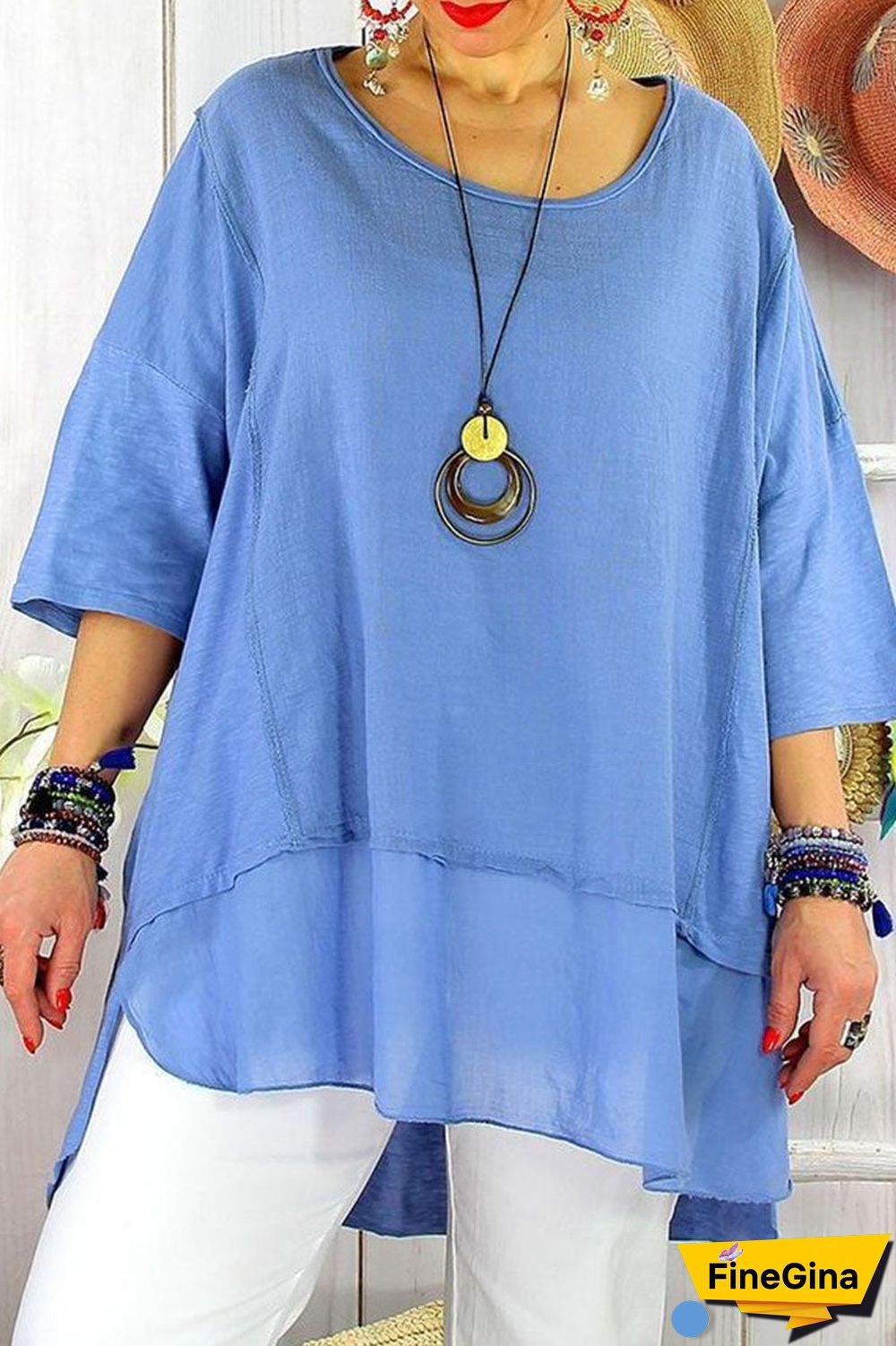 Fashion Street Solid Split Joint O Neck Plus Size Tops