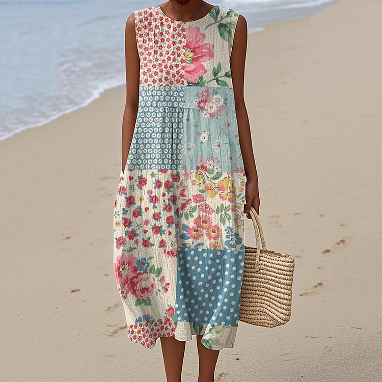 Vintage Loose Floral Patchwork Art Linen Tank Dress