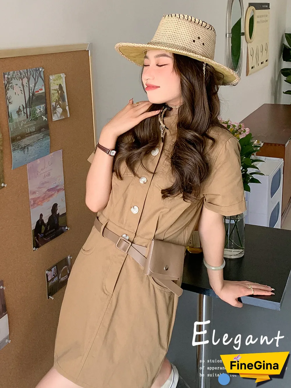 Safari Style Slim Fit Dress Women Summer Vintage Khaki Dresses With Waist Bag Female Button Cowboy Vestidos Mujer