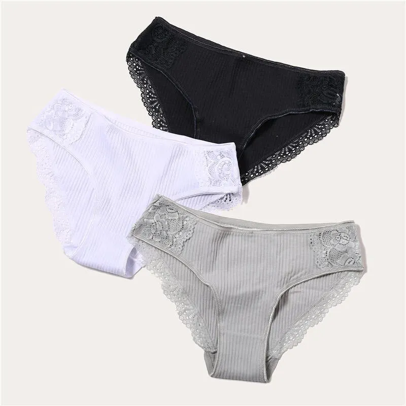 3PCS/Set 6 Color Women Panties Cotton Lace Briefs Solid Color for Female Striped Sexy Cotton Underwear Lingerie Low Waist Flower
