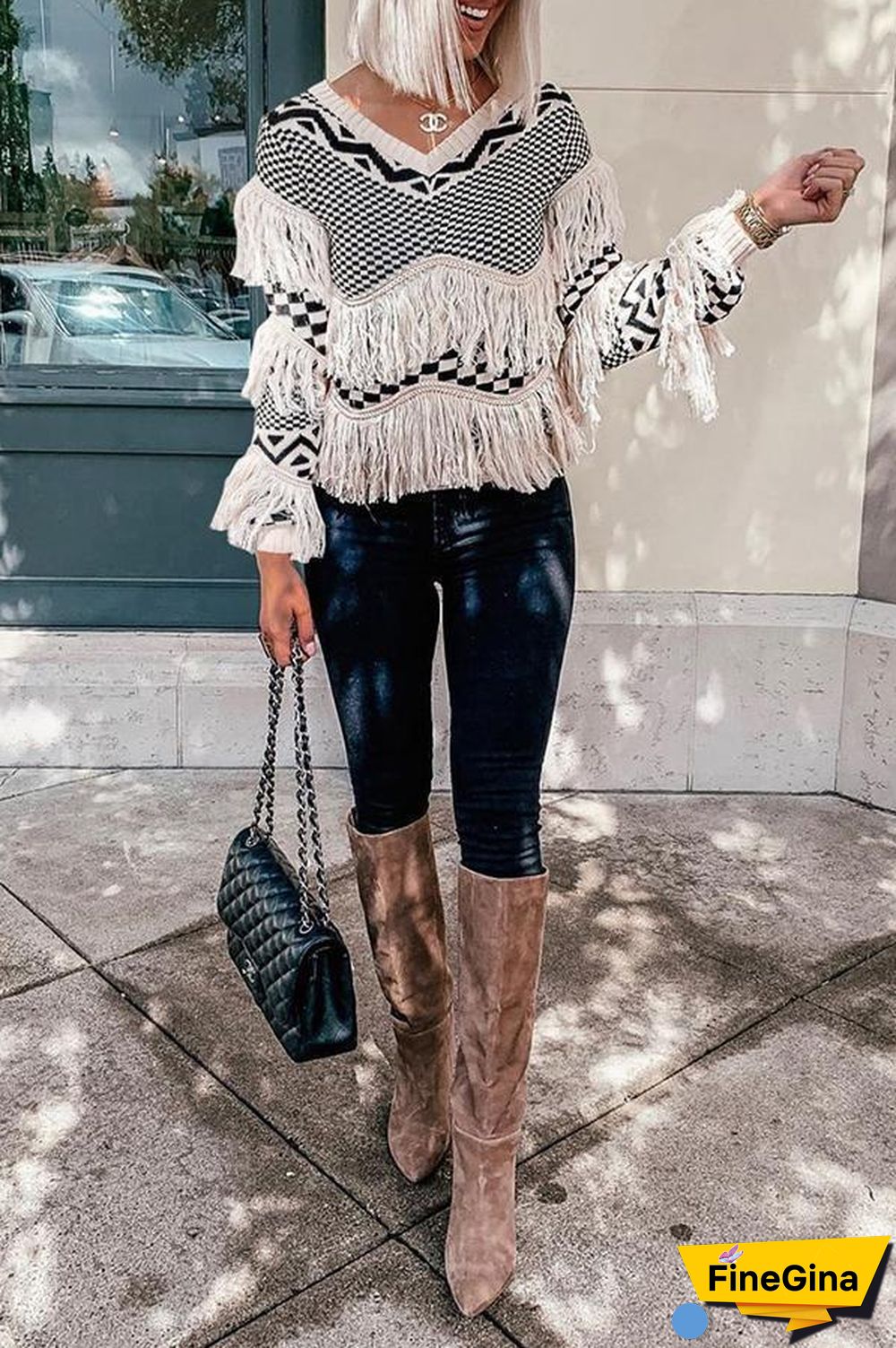V Neck Long Sleeve Fringed Sweater P16126
