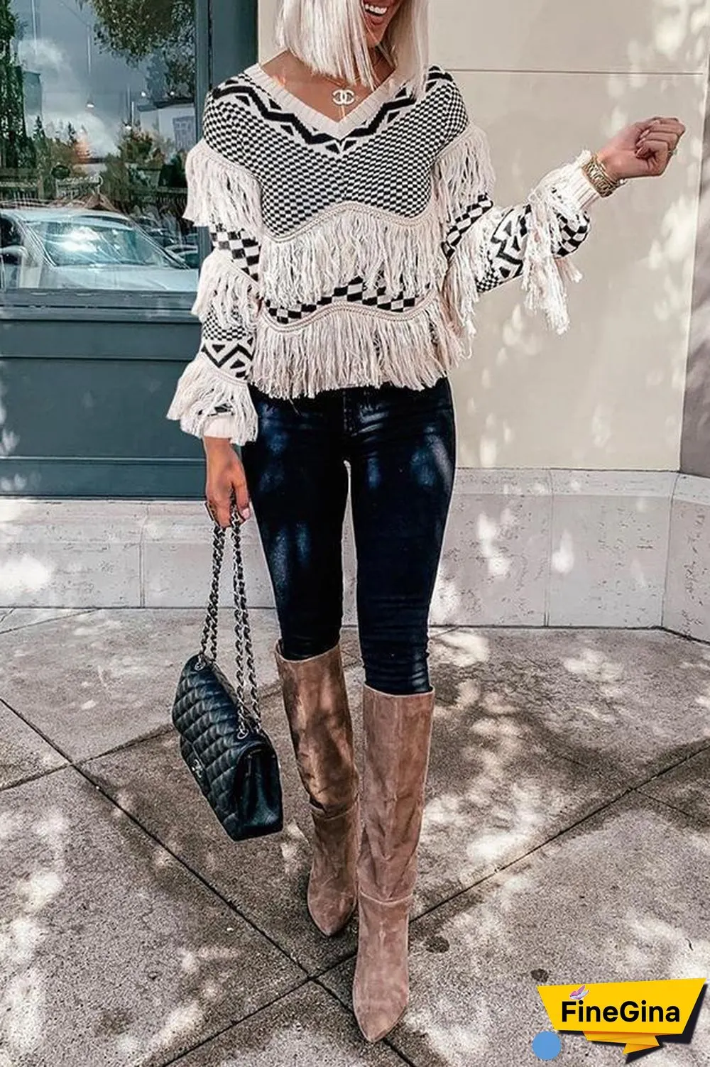 V Neck Long Sleeve Fringed Sweater P16126