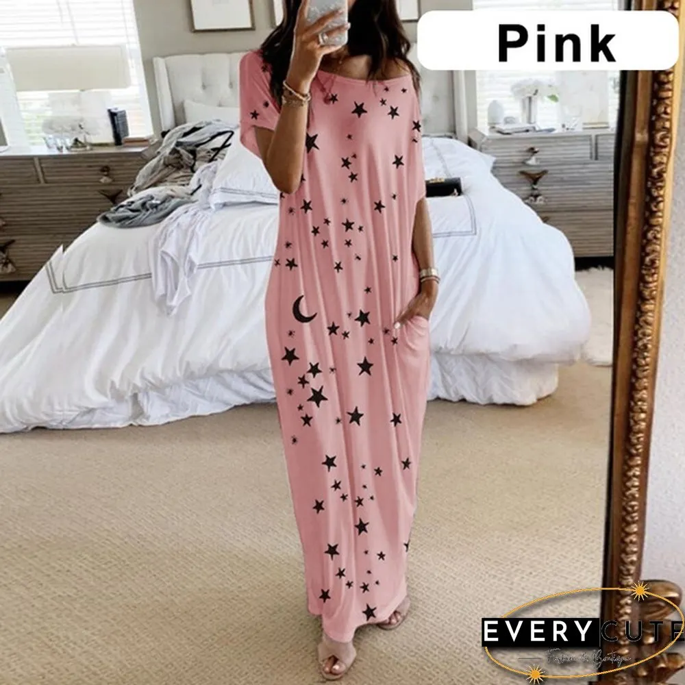 Plus Size Xs-5Xl Women Loose Casual Short Sleeve Moon Stars Print Maxi Dress Home Clothes Soft Long Dresses Homeware Vestidos Casuales