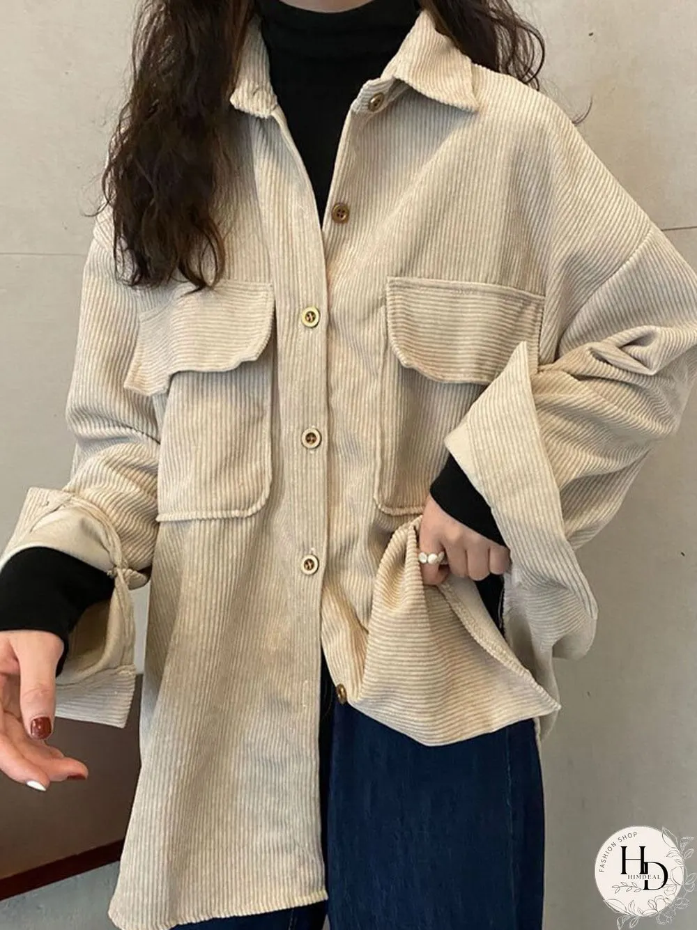 Corduroy Solid Pocket Button Long Sleeve Loose Lapel Jacket