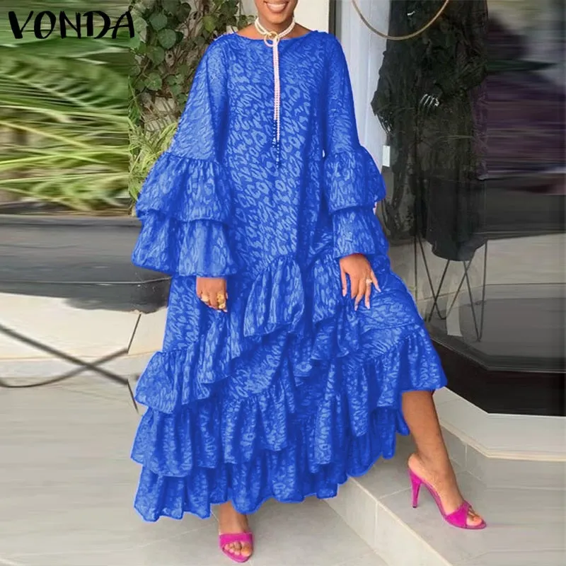VONDA 2022 Autumn Holiday Long Dress For Women Vintage Printed Party Dresses Bohemian Long Sleeve Sundress Beach Casual Vestidos