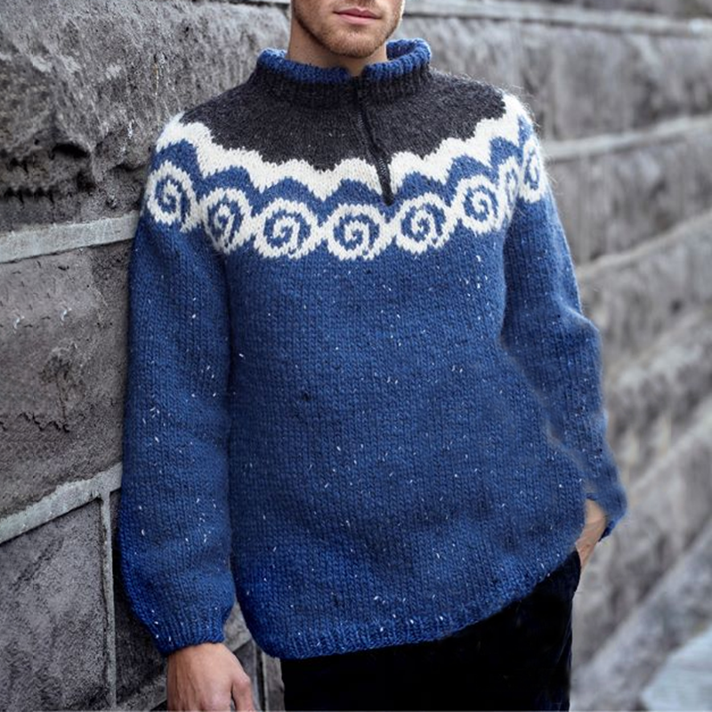 Vintage Geometrical Knitted Jacquard Iceland Half-Zip Neck Sweater