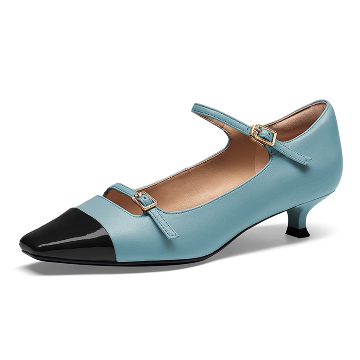 Blue & Black Square Toe Kitten Heel Pumps with Two Buckled Straps Nicepairs