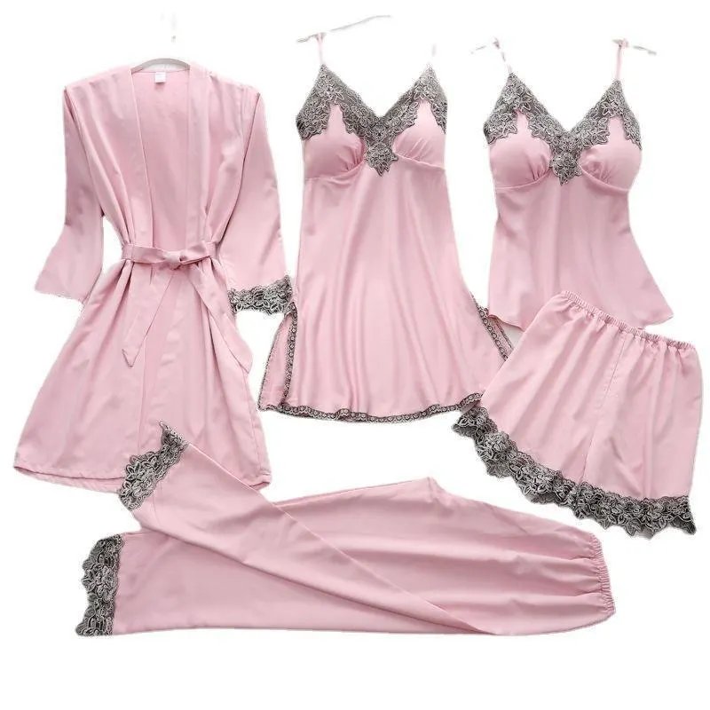 Churchf Simulation Silk Pajamas Lingerie Five-Piece Set Slings Sexy Lady Bathrobe Home Clothes Pajamas
