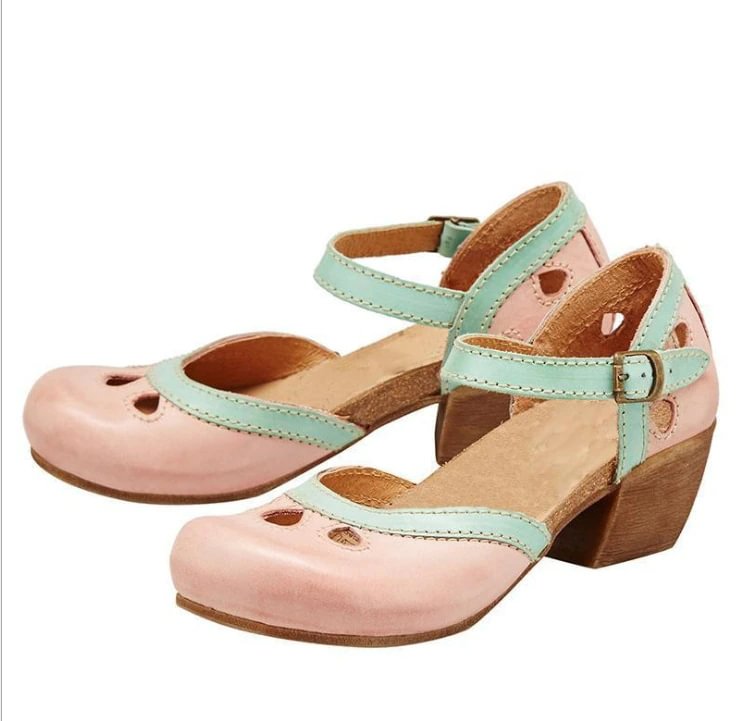 Qengg Buckle Cute Mary Janes Pumps Women Cutout Rome Round Toe Casual Office Comfy Summer High Heels Shoes Chunky Heels Pumps