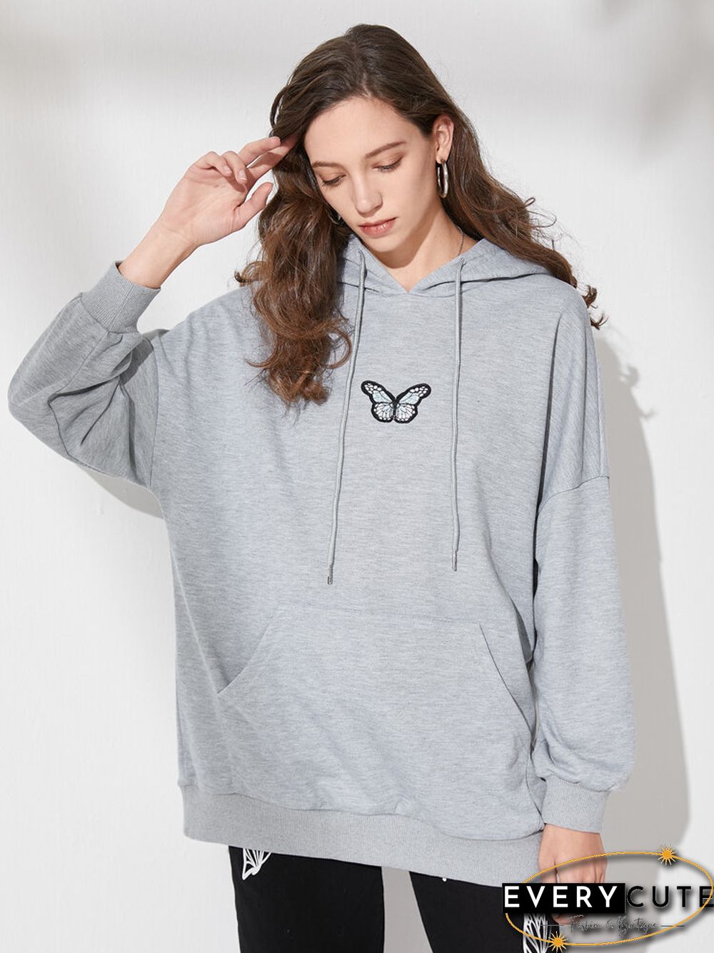 Butterfly Kangaroo Pocket Drop Shoulder Loose Hoodie
