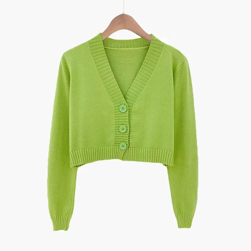 Zoki Corp Cardigan Sweater Autumn Long Sleeve Soft Sexy V Neck Knitted Korean Short Top Casual Single Breasted Pink Thin Blouse
