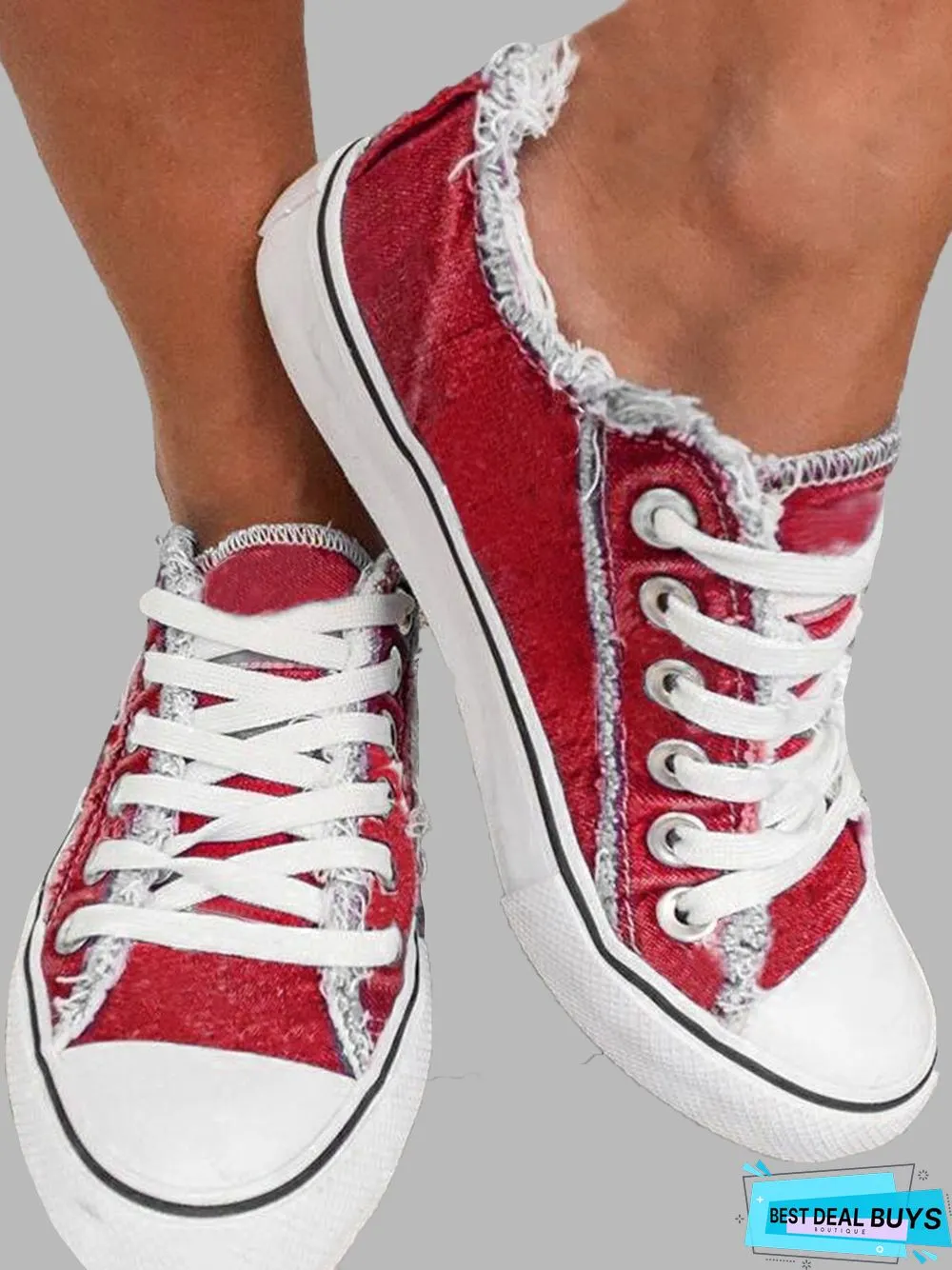 Red Washed Denim Lace-up Canvas Shoes