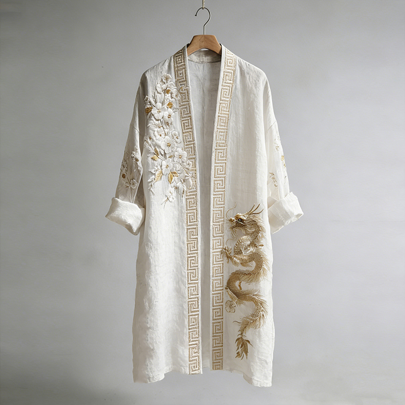 Retro Japanese Sakura & Dragon Art Pattern Casual Linen Long Kimono elevenforest
