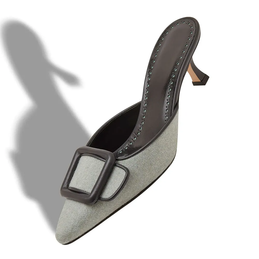 Grey Pointed Toe Kitten Heel Slip-On Mules Shoes with Buckle Decor