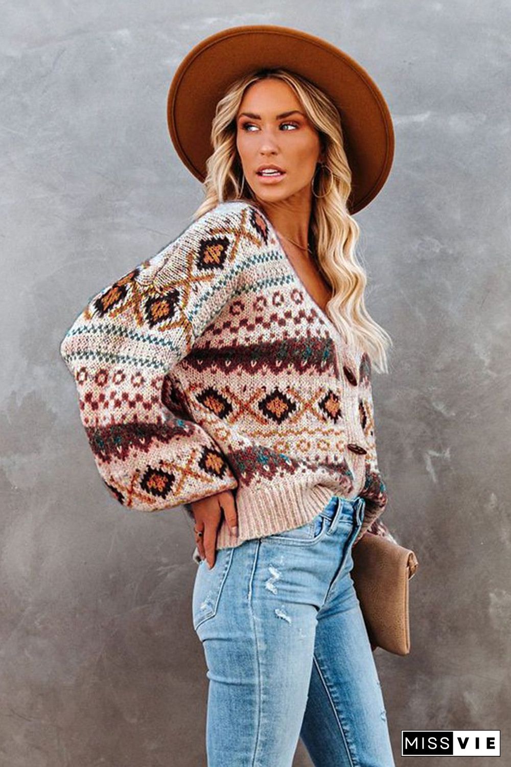 V Neck Chic Pattern Sweater Outerwear