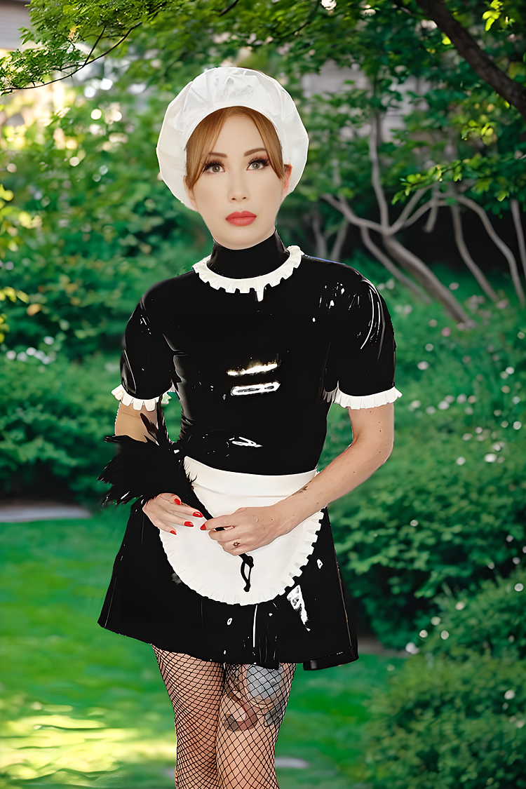Women Latex dress Puffy Sleeve Ruffled Maid Set