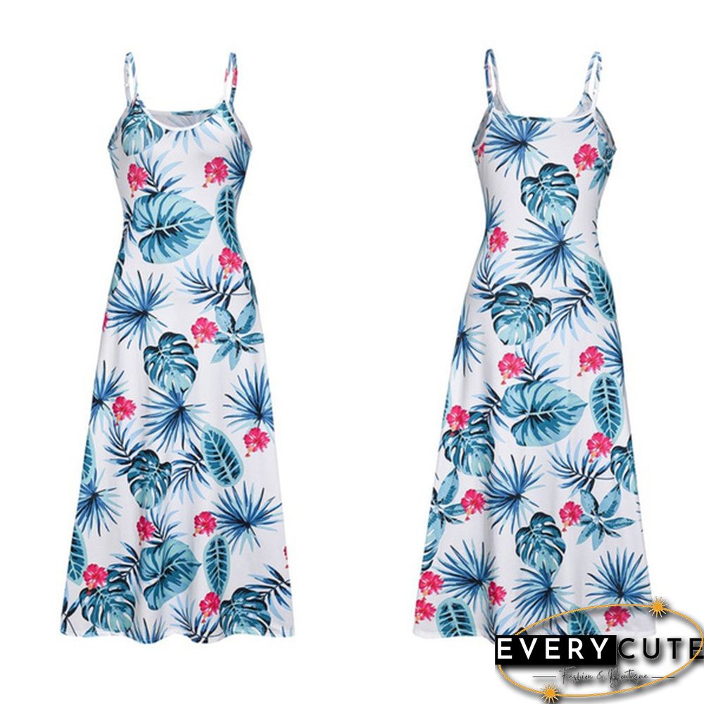 Women's Fashion Summer Sleeveless Floral Printing Sling Dress Deep V-Neck Slim Fit Big Swing Skirts Loose Casual Long Maxi Dresses Ladies Plus Size Party Dresses
