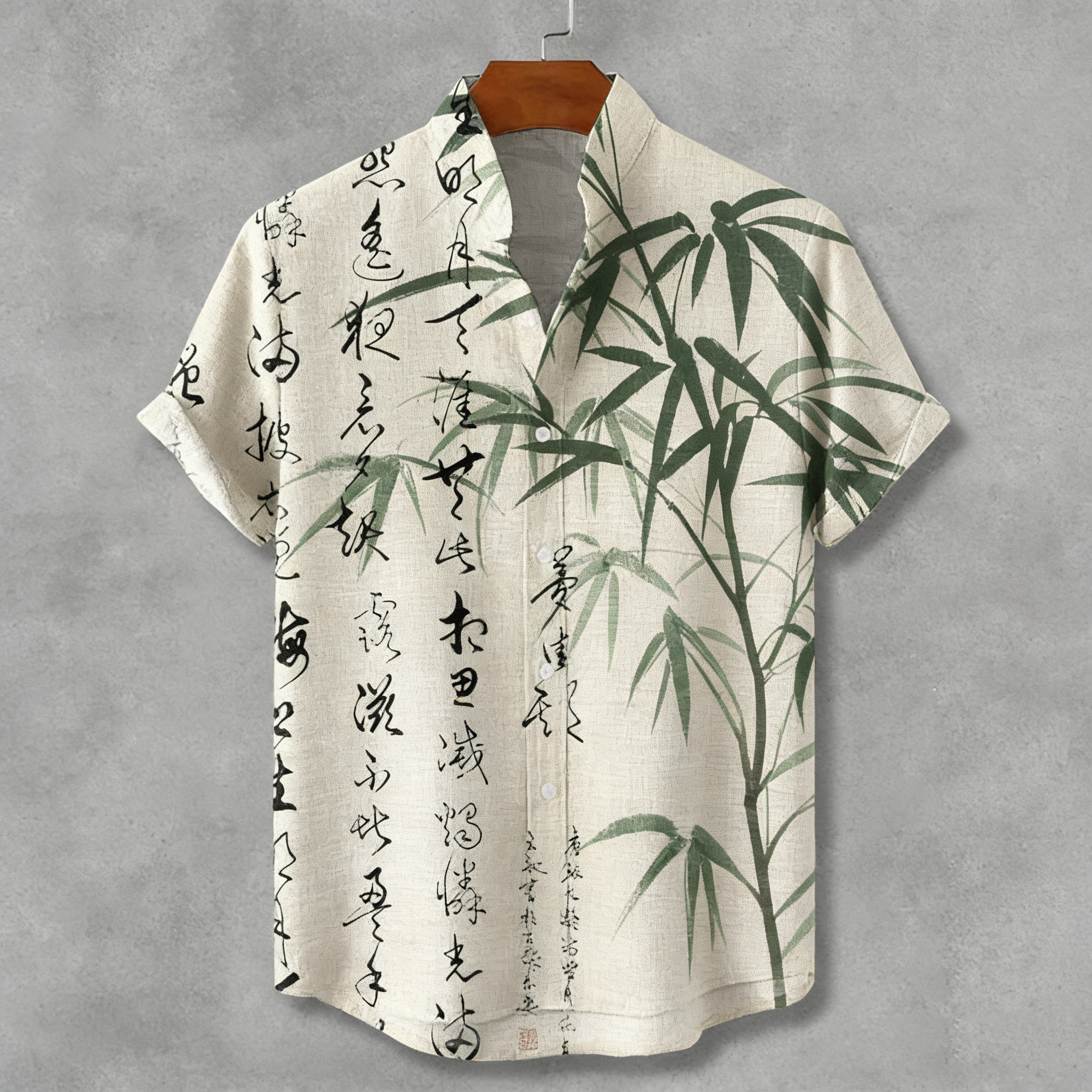 Men's Retro Calligraphy And Bamboo Art Linen Short-sleeve Shirt elevenforest