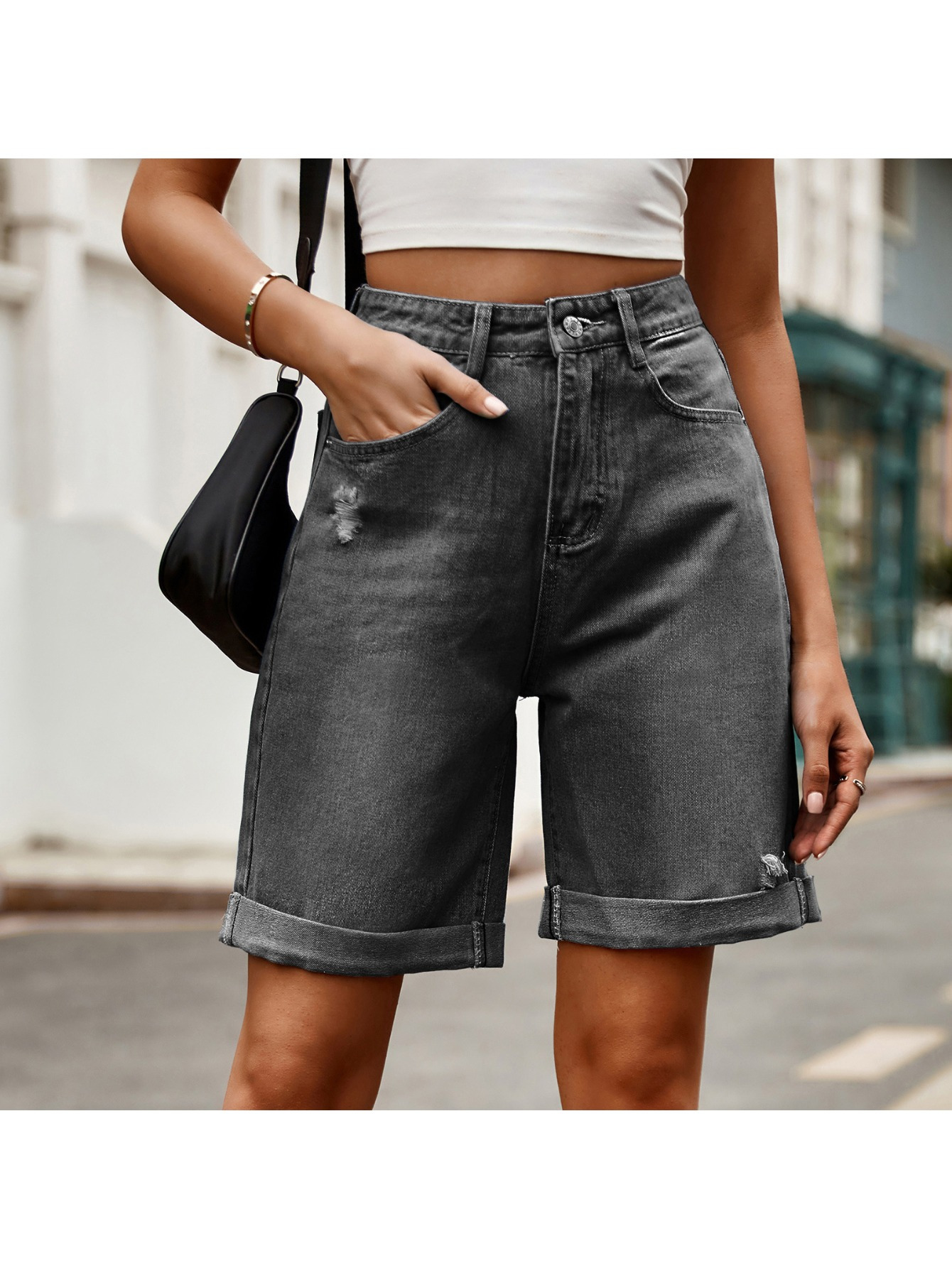 Comfortable Ripped Rolled Hem Five-Point Denim Shorts | Casual Trendy Style New Women's Clothing, Personalized And Fashionable, Summer Essential | IFYHOME