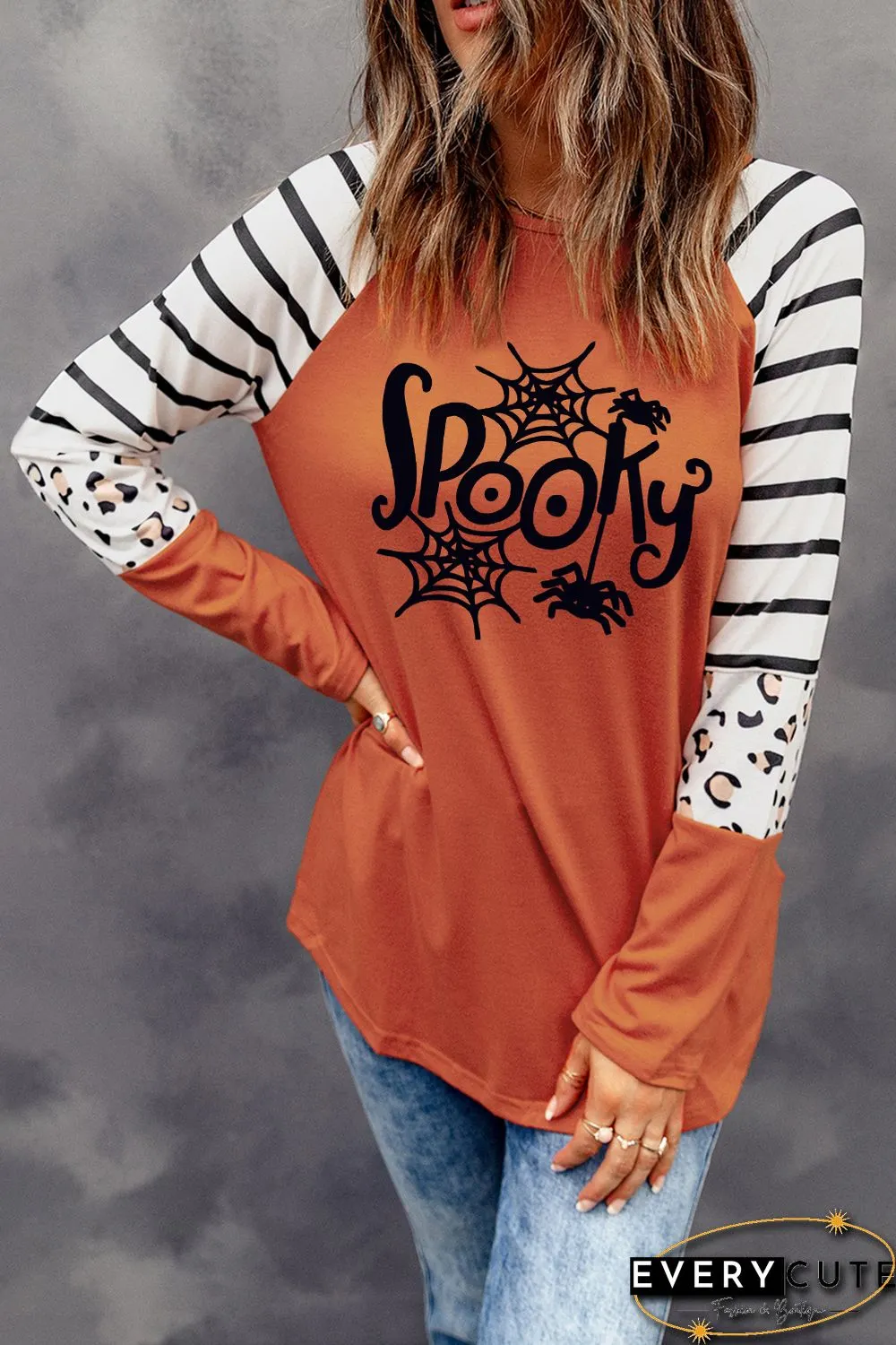 Orange Spooky Spider Web Striped Leopard Color Block Top