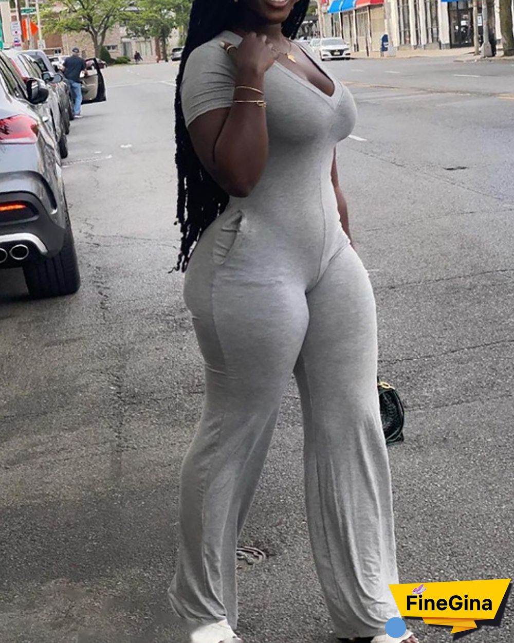 Plus Size Pocket Design Short Sleeve Jumpsuit
