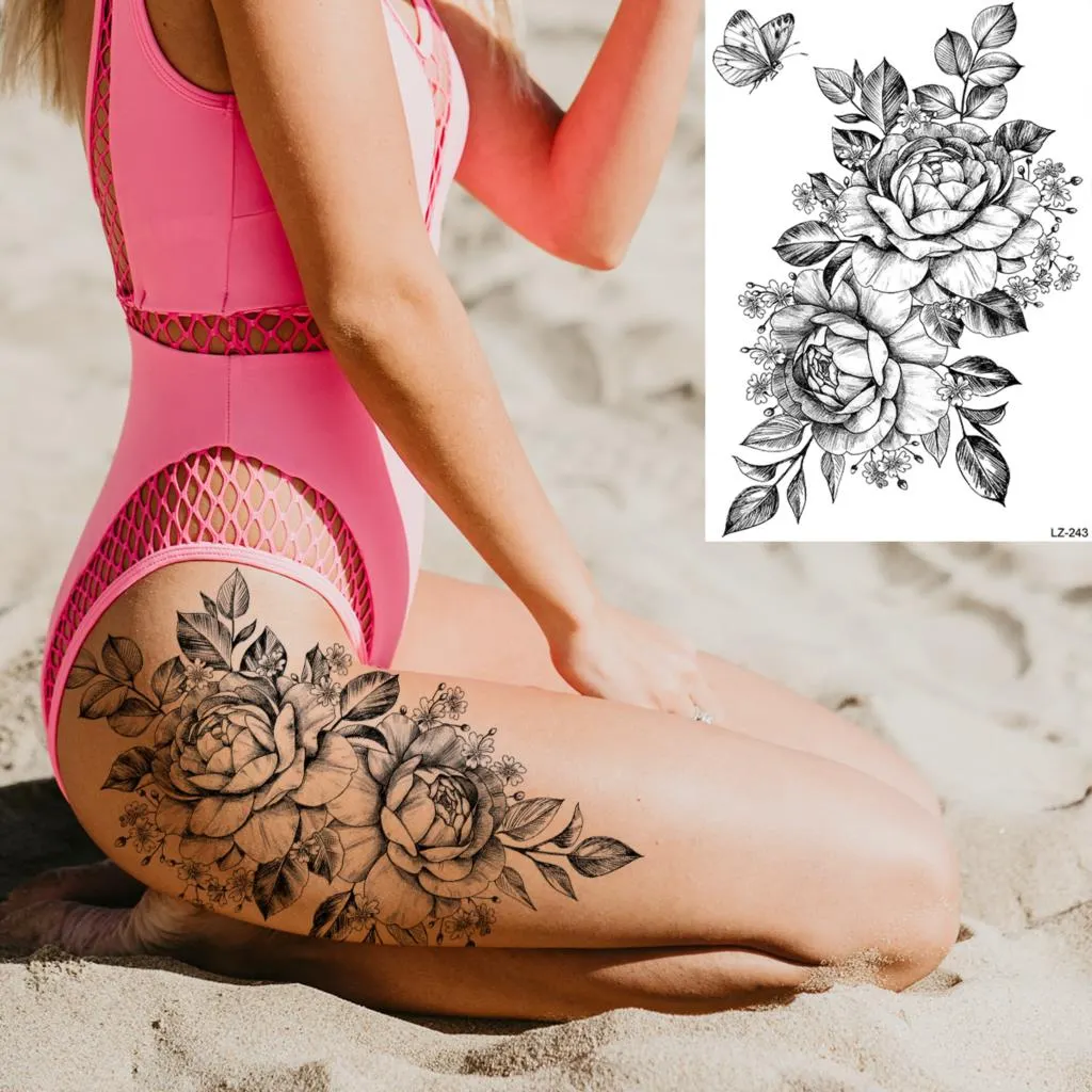 Sdrawing Peony Flower Temporary Tattoos For Women Adults Realistic Compass Moon Pendant Fake Tattoo Sticker Arm Body Tatoos
