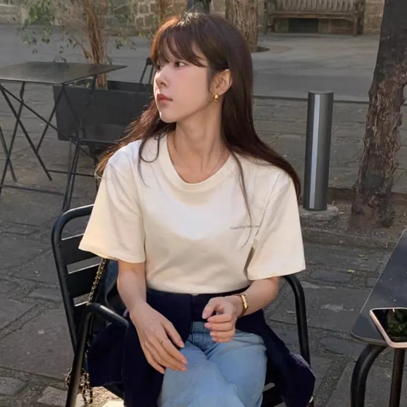 Churchf Churchf Chic Summer Temperament Versatile Round Collar Back Letter Print Design Loose Casual Short-Sleeved T-Shirt Jacket