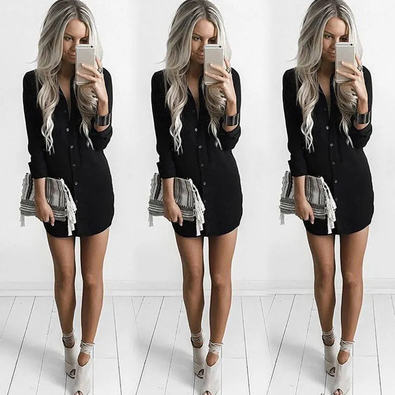 Sexy Shirt Mini Dress Casual Loose Long Sleeve Button Closure Side Slit Breathable Blouse 2021 Women Summer Vacation Fashion Top
