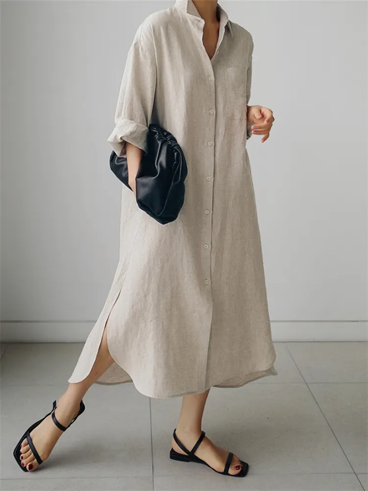 Side Slit Loose Fit Maxi Shirt Dress