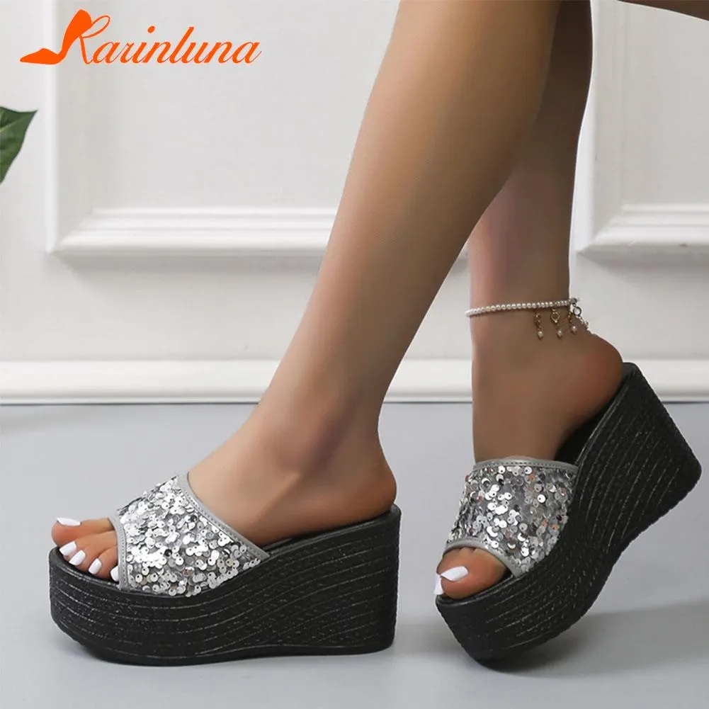 Breakj Wedge High Heeled Women Sandals New Arrived 2023 Bling Sequin Lady Slipper Peep Toe Comfort Walk Causal Sandals Plus Size