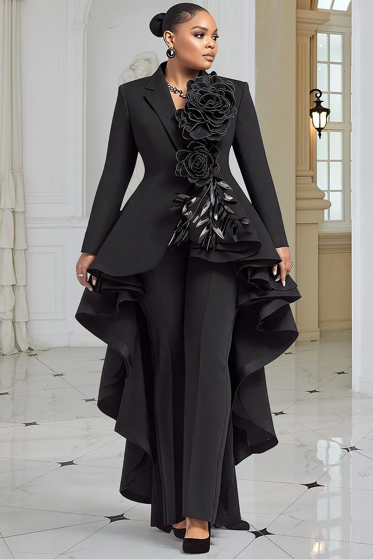 Xpluswear Design Plus Size Wedding Guest Black Lapel Collar Long Sleeve Asymmetric Hem Elegant 3D Two Piece Pant Suits 2024 - Xpluswear