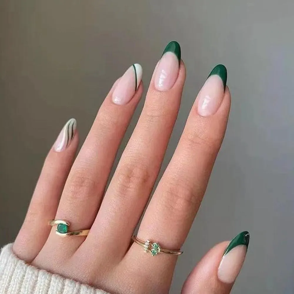 Detachable Almond Round Wavy False Nails Detachable Stiletto Fake Nails Full Cover French Ballerina Nail Tips Press On Nails-Nail Inspo