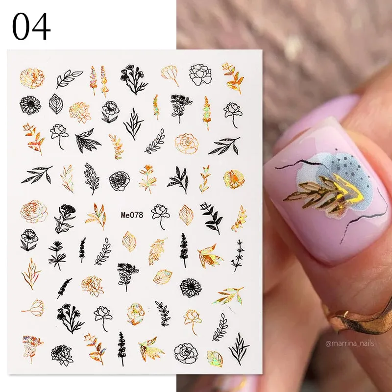 1 Pc 3D Nail Stickers Leaves Sliders for Nails Gold White Bronzing Flowers Gradient Adhesive Sticker Nail Design Art Decorations-Nail Inspo