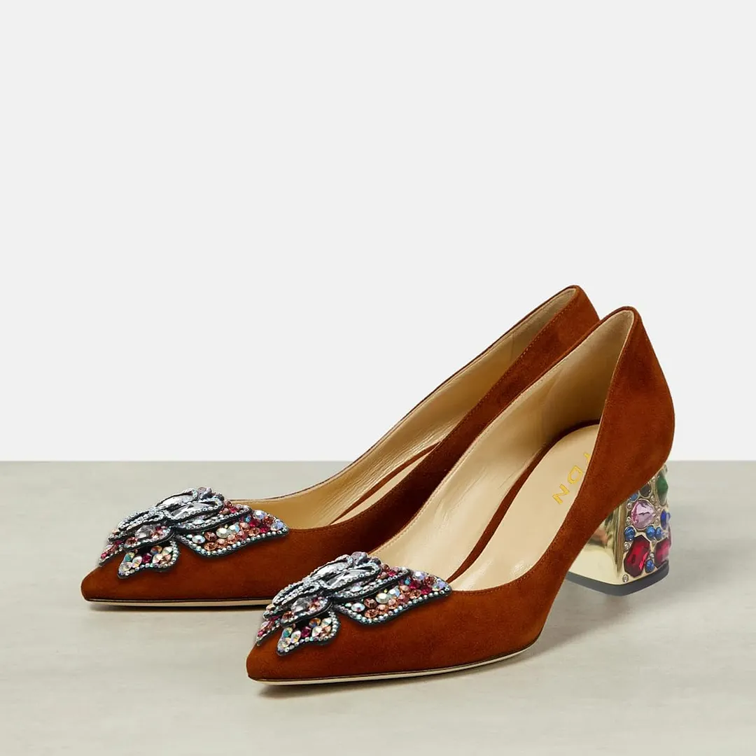 Tan Vegan Suede Rhinestone Butterfly Pointed Toe Block Heel Pumps