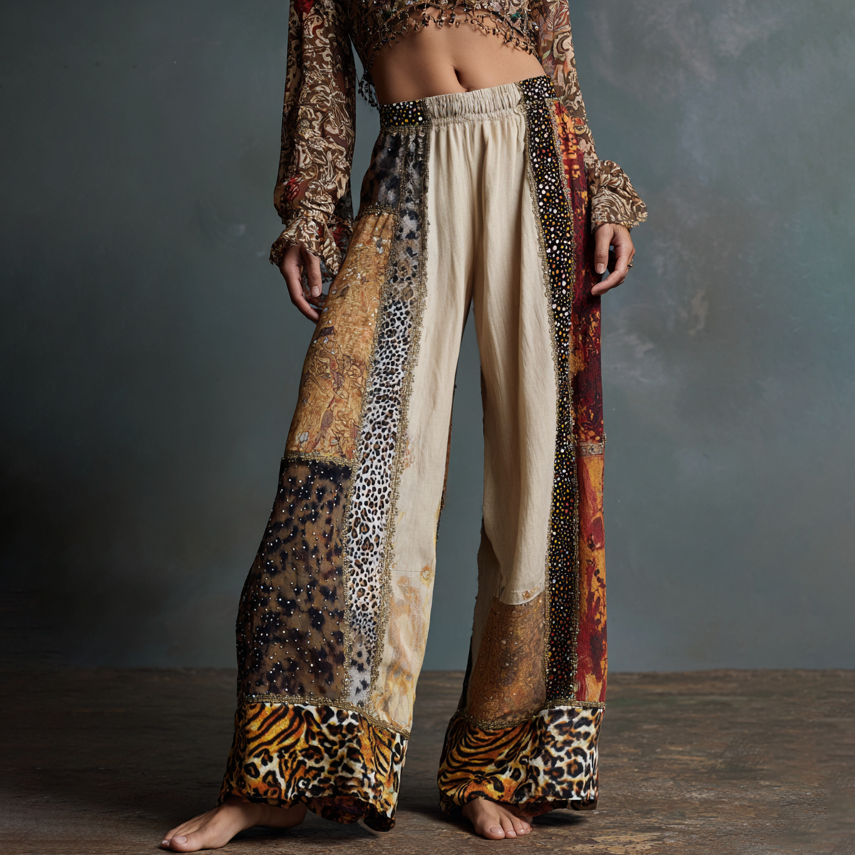 Comstylish Women's Vintage Animal Print Art Print Flowy Linen Blend Casual Pants