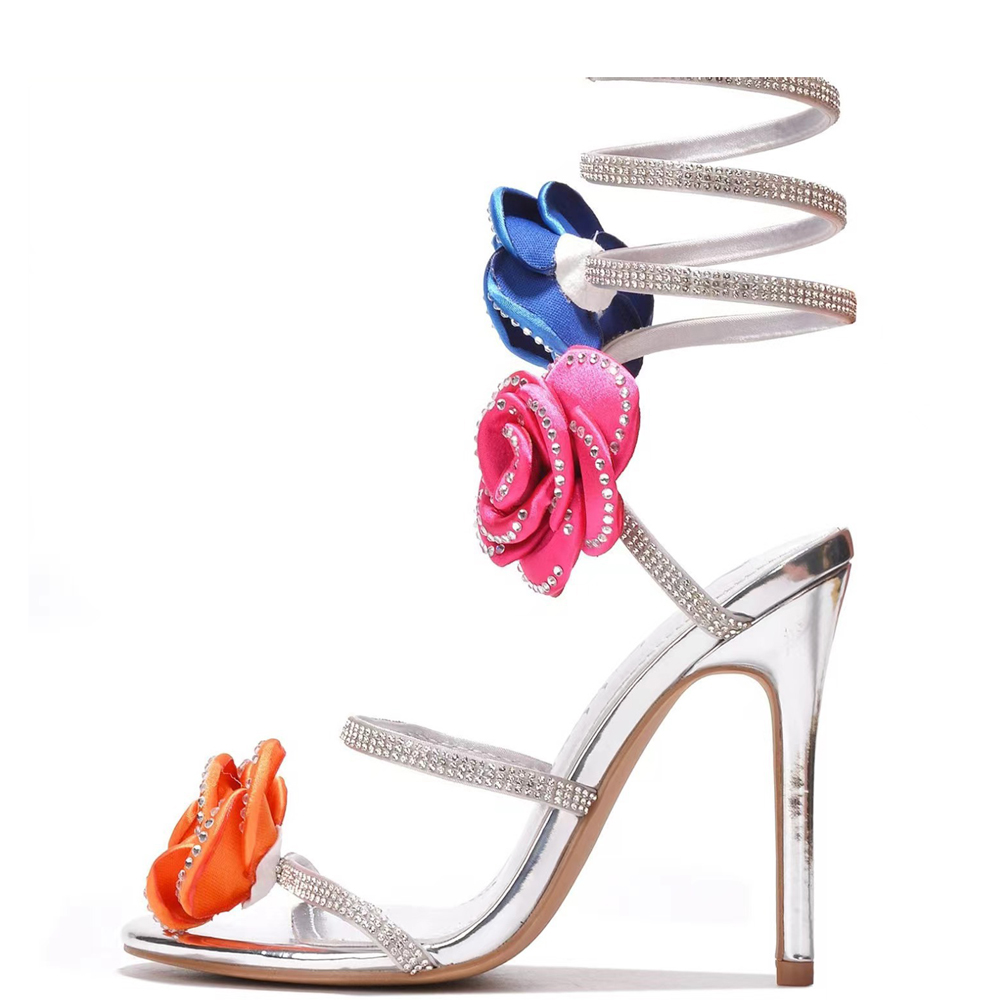GOOSHOE Diamonds Silk Flowers Ankle Wrap Cross Straps Women's Shoes High Heels Dress Sandals Round Open Toe Stiletto