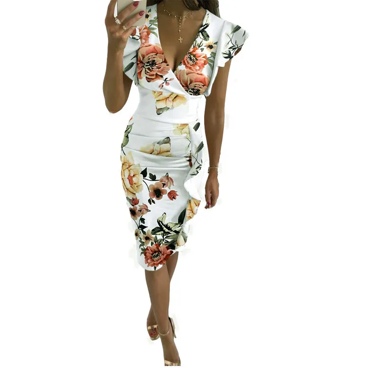 Uveng Uveng New Multi-Color Printing Dress V Collar Lotus Edges Sexy High-Waisted Dress