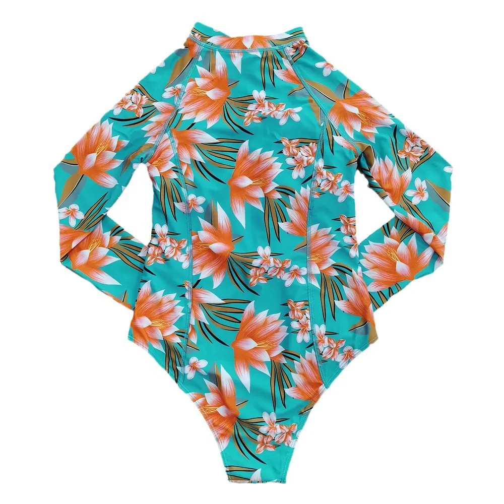 Churchf 2025 New One-Piece Swimsuit Women's Surfsuit Long-Sleeved Zipper INS Print All-In-One