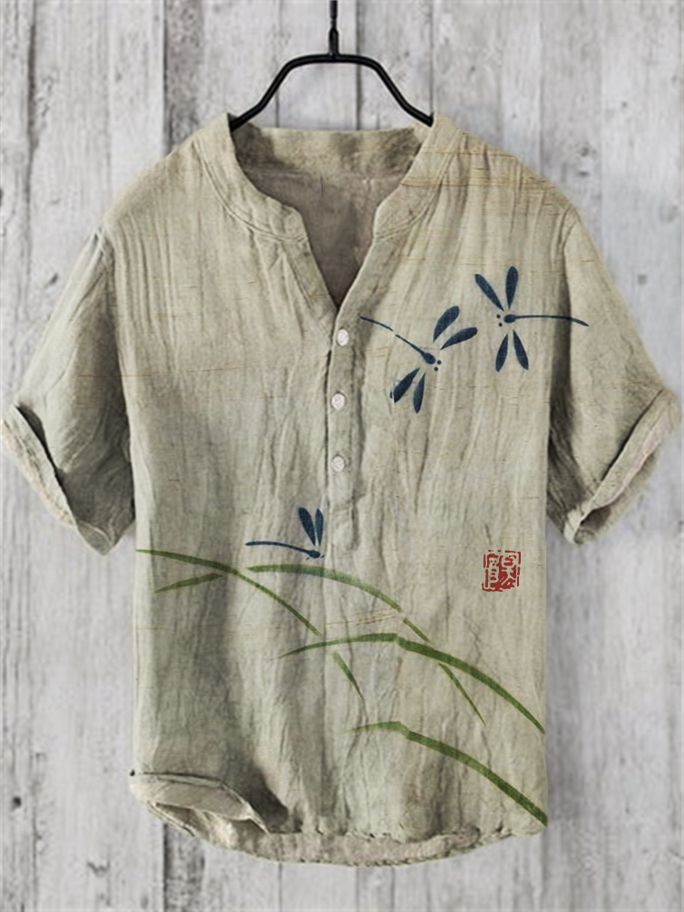Dragonflies of Spring Japanese Art Linen Blend Shirt  artssus