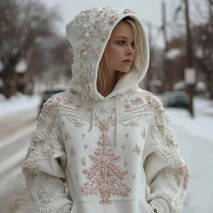 Women's Pink Christmas Tree Embroidery Casual Hooded Sweatshirt