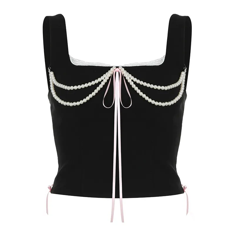 Churchf Churchf Pure Desire Wind Pearl Sling Vest Female 2024 Spring / Summer Lace Stitching Band Closed Waist Show Thin New Top