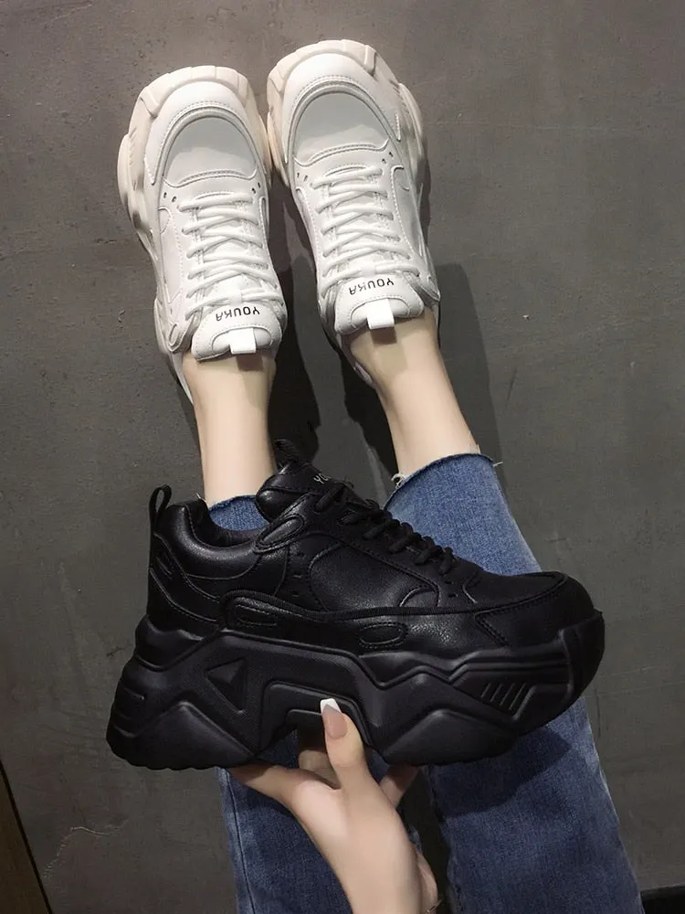 Women Platform Sneakers Leather Casual Ladies Chunky Shoes 2020 White Woman High Black Fashion Brand Thick soled Wedge Sneakers